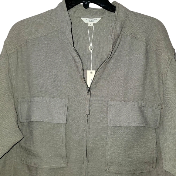 Max Studio olive green zip up shirt jacket women's top linen blend - Picture 4 of 10